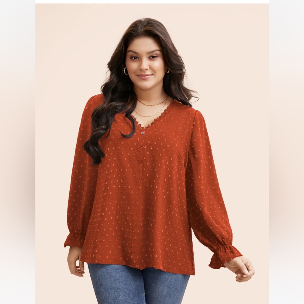 3X Textured Lace Trim Patchwork Ruffles Blouse